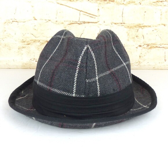 Y2K Ben Sherman Fedora Hat Men L/XL Gray Plaid Wool Black Band Emo Grunge Preppy - Picture 2 of 11